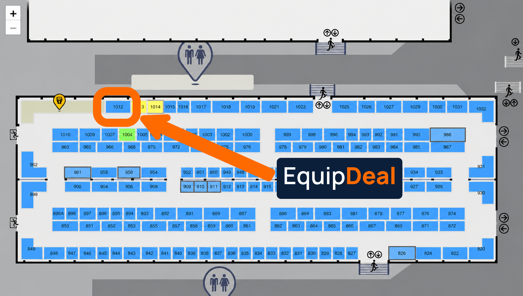 Plano del Pabellón Litio con stand EquipDeal 1012 junto a cafetería